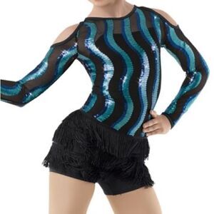 Weissman Dance costume fringe sequin blue Move Your Feet 10368 -child IC 7/8